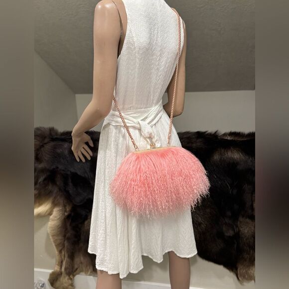 Pink Real Mongolian Lamb Fur Handmade Kisslock Wristlet/Shoulder Bag/Crossbody - Picture 11 of 16